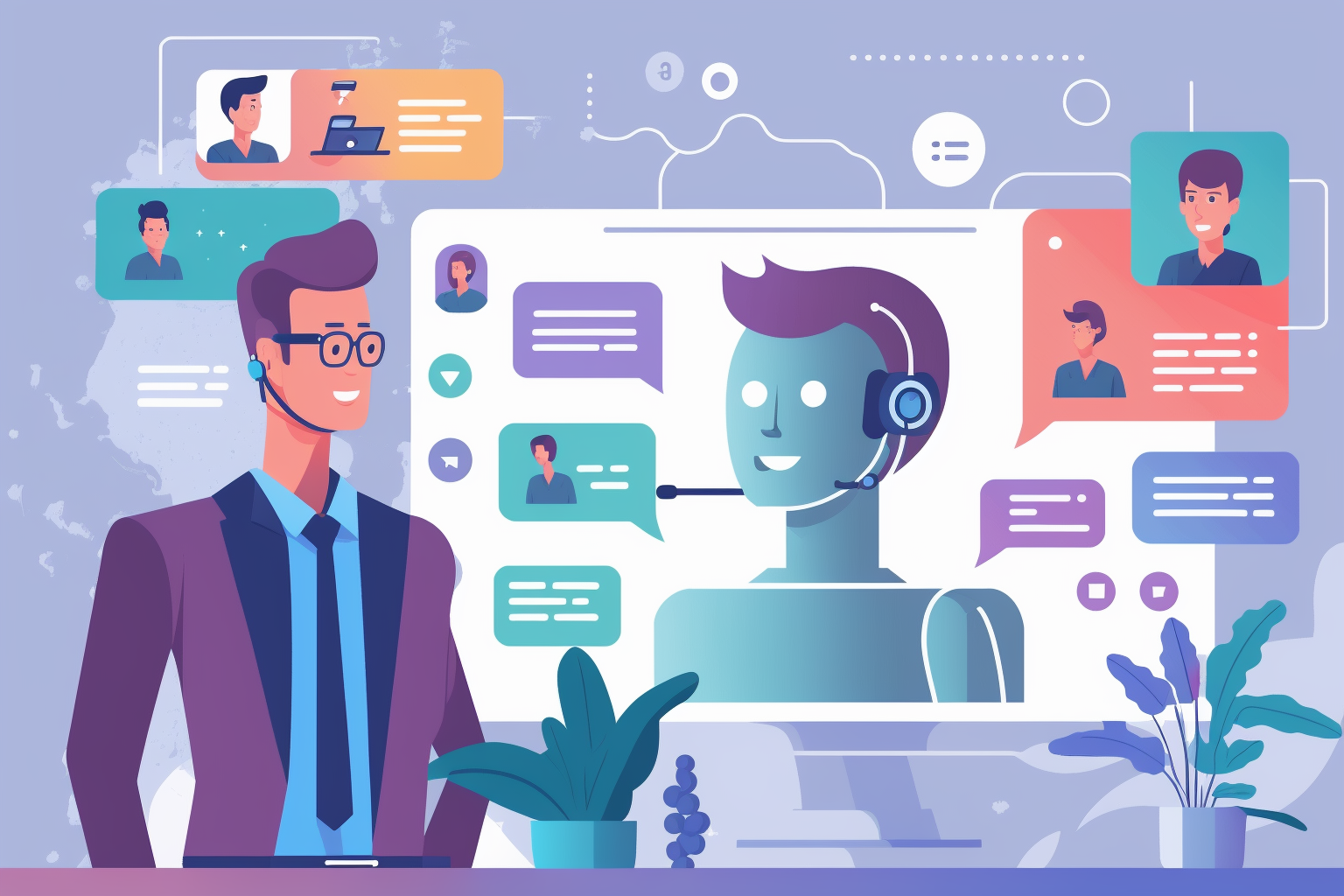Illustration of an AI-powered virtual assistant engaging with a recruiter through voice and chat, representing AI-driven candidate engagement.