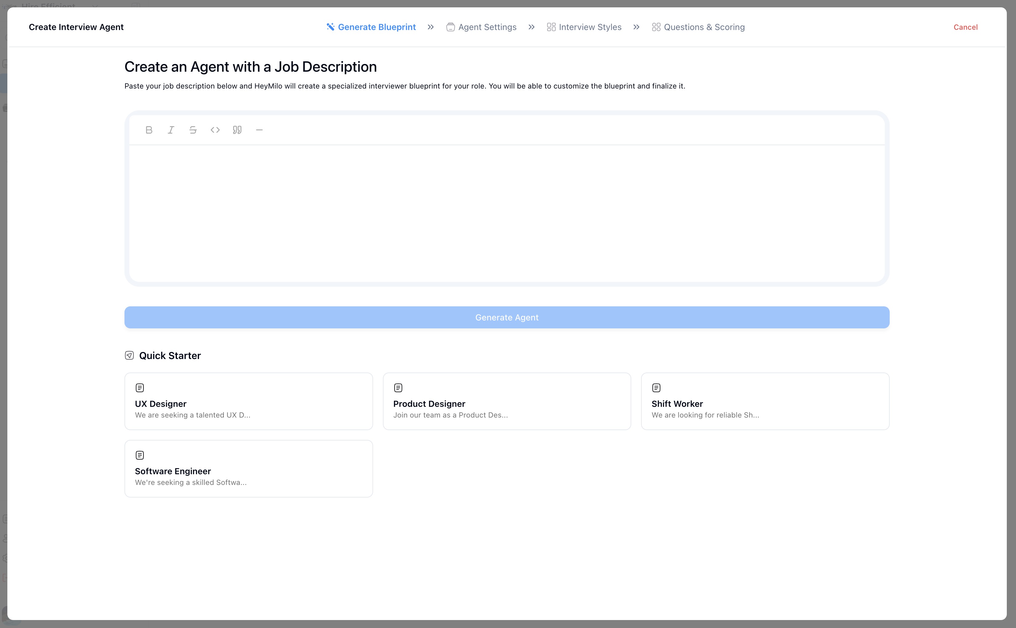 HeyMilo interface for creating an AI interview agent from a job description, with quick starter templates for different roles