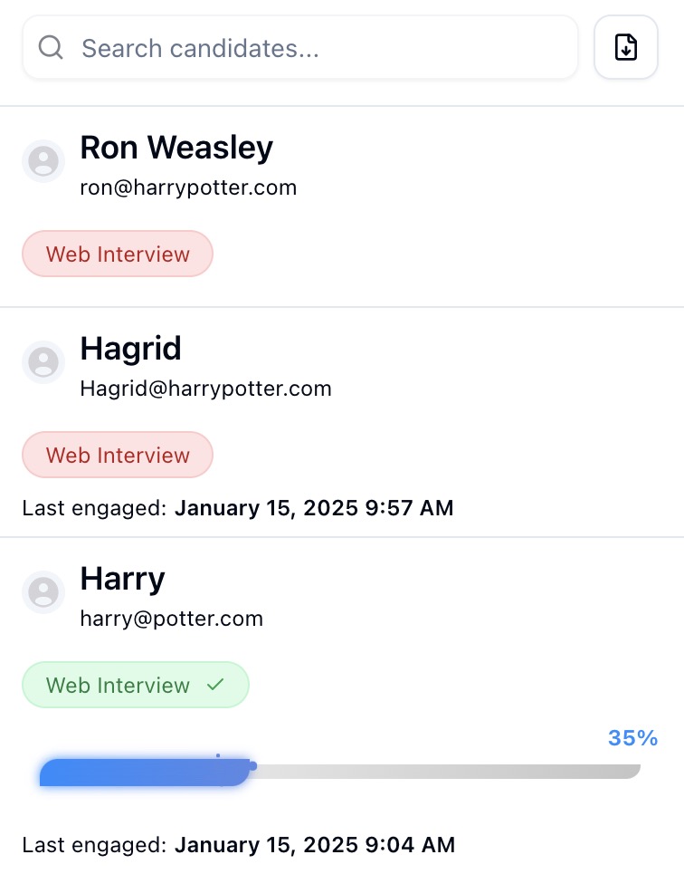 Screenshot of a candidate management dashboard showing web interview statuses and engagement details